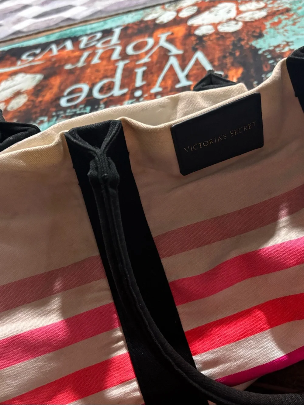 Victoria's Secret Black Canvas Tote with Pink and Coral Stripes
